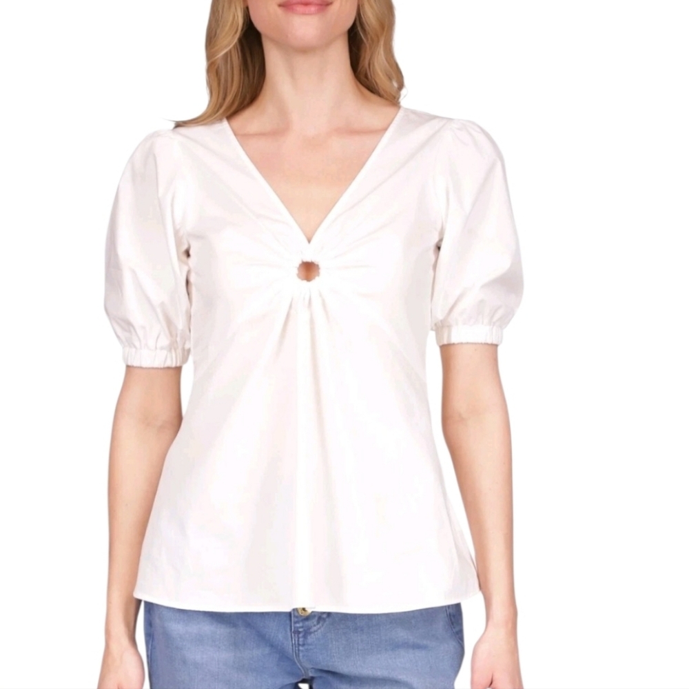 MICHAEL Michael Kors White Poplin V-Neck Ring Cutout Puff Sleeve Top sz M